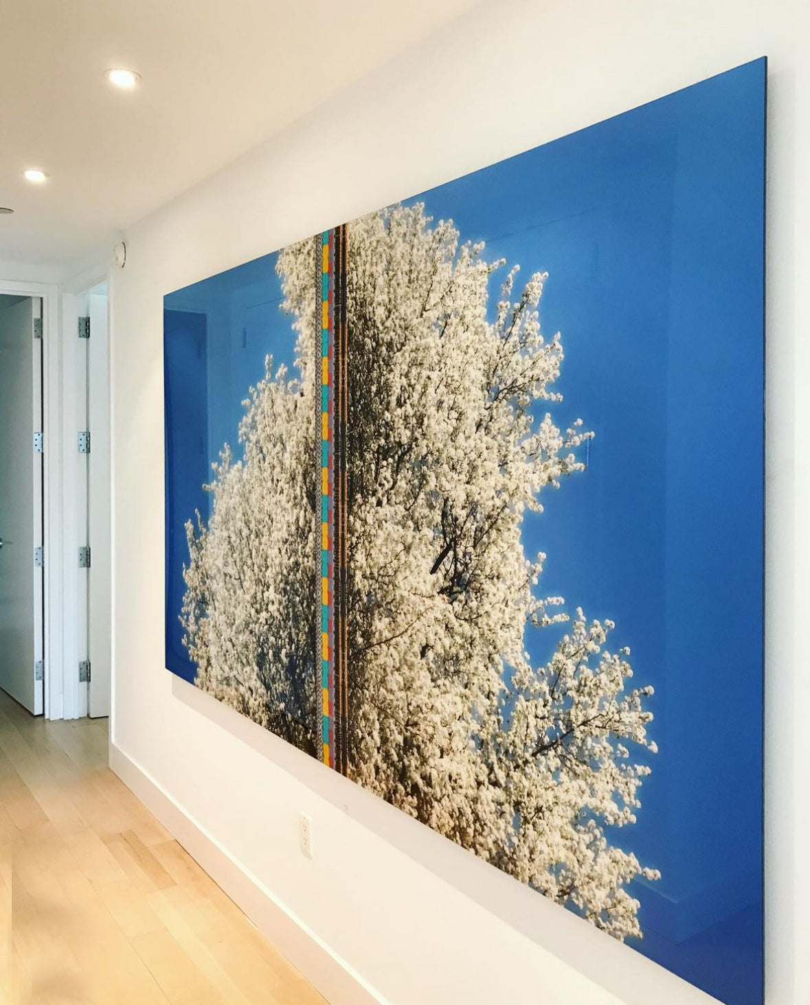 Large flowering-tree photographic work by Paul Morris—white blossoms against deep blue—in an entry hall