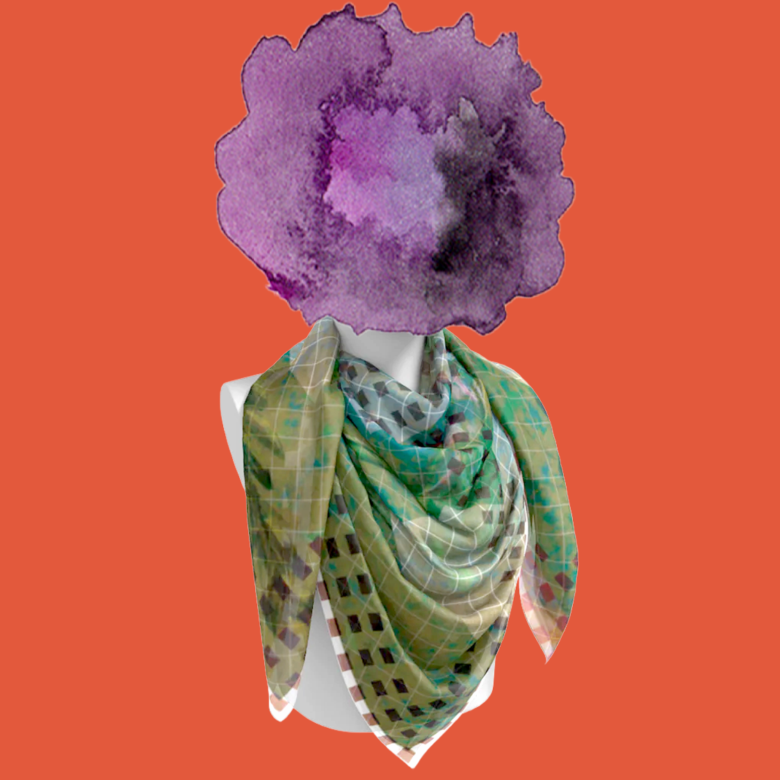 J. H. Twachtman silk scarf tied on mannequin bust on orange background by Leeloo + Zohan