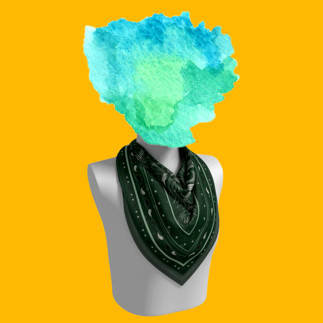 Le Chat Leeloo silk scarf tied on mannequin bust on yellow background by Leeloo + Zohan—Square Scarf