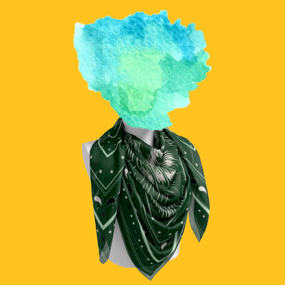 Le Chat Leeloo silk scarf tied on mannequin bust on yellow background by Leeloo + Zohan