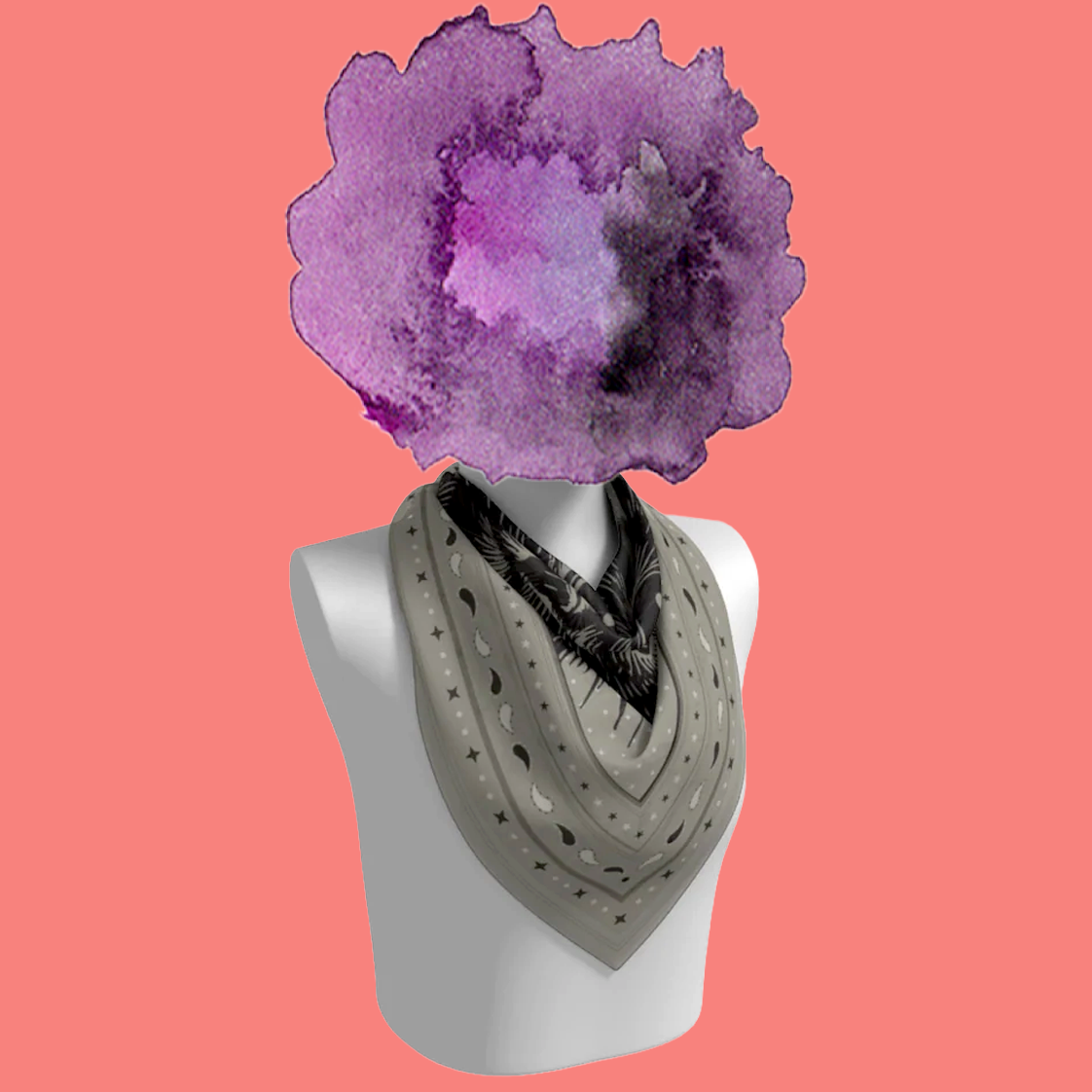 Le Chat Zohan silk scarf tied on mannequin bust on pink background by Leeloo + Zohan—Square Scarf