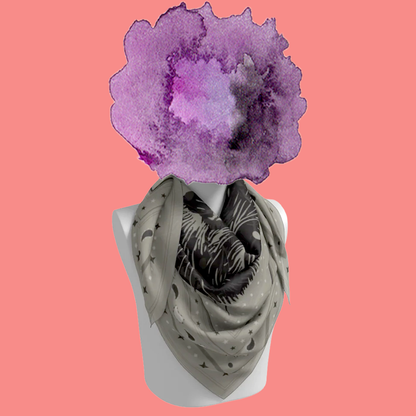 Le Chat Zohan silk scarf tied on mannequin bust on pink background by Leeloo + Zohan