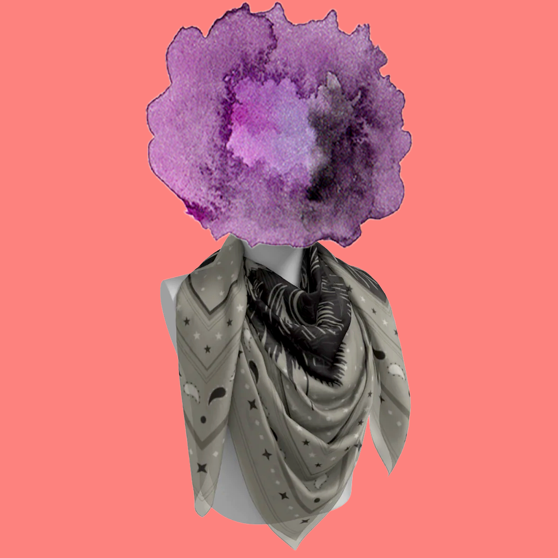 Le Chat Zohan silk scarf tied on mannequin bust on pink background by Leeloo + Zohan