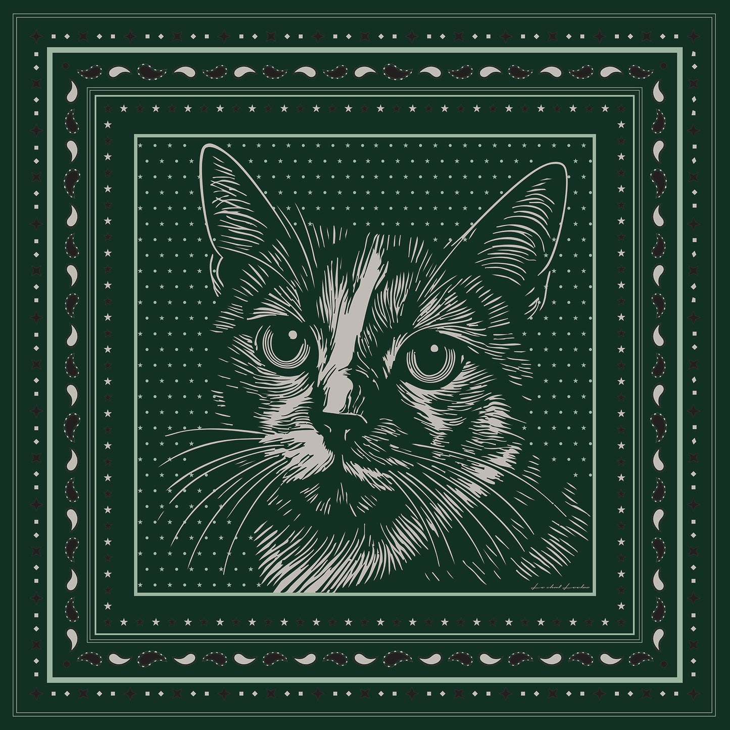 Le Chat Leeloo silk scarf featuring a striking illustration of a cat, designed by Leeloo + Zohan, framed with borders of stars and paisley motifs.