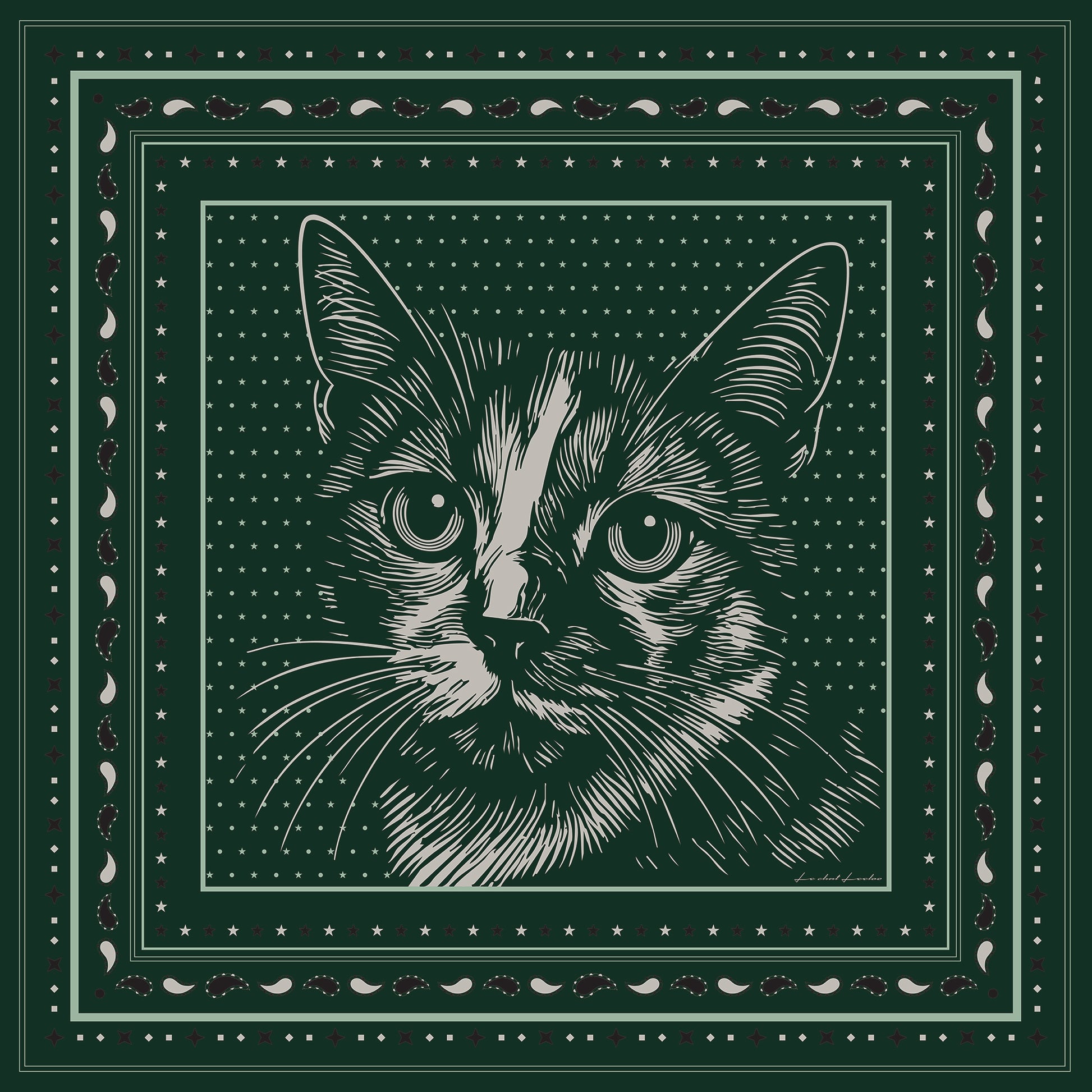 Le Chat Leeloo silk scarf featuring a striking illustration of a cat, designed by Leeloo + Zohan, framed with borders of stars and paisley motifs.