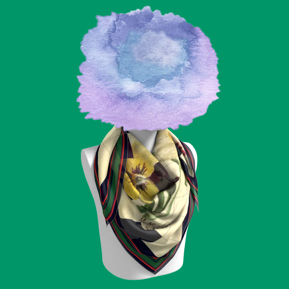 M.M.V. 5.11.1876 silk scarf draped on mannequin bust on green background by Leeloo + Zohan