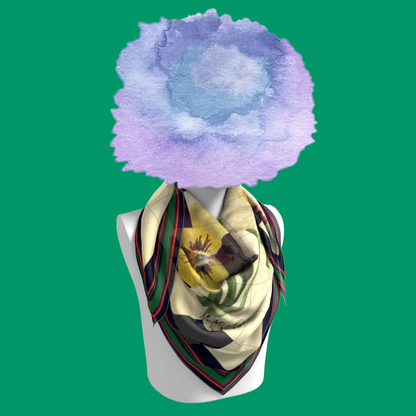M.M.V. 5.11.1876 silk scarf draped on mannequin bust on green background by Leeloo + Zohan