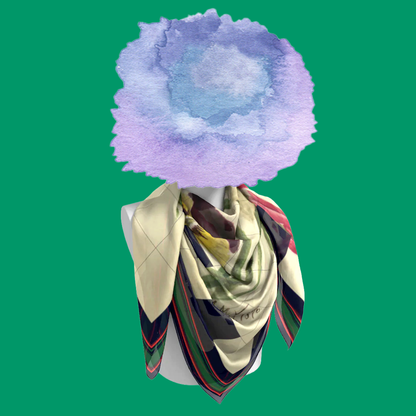 M.M.V. 5.11.1876 silk scarf tied on mannequin bust on green background showing checkerboard border by Leeloo + Zohan