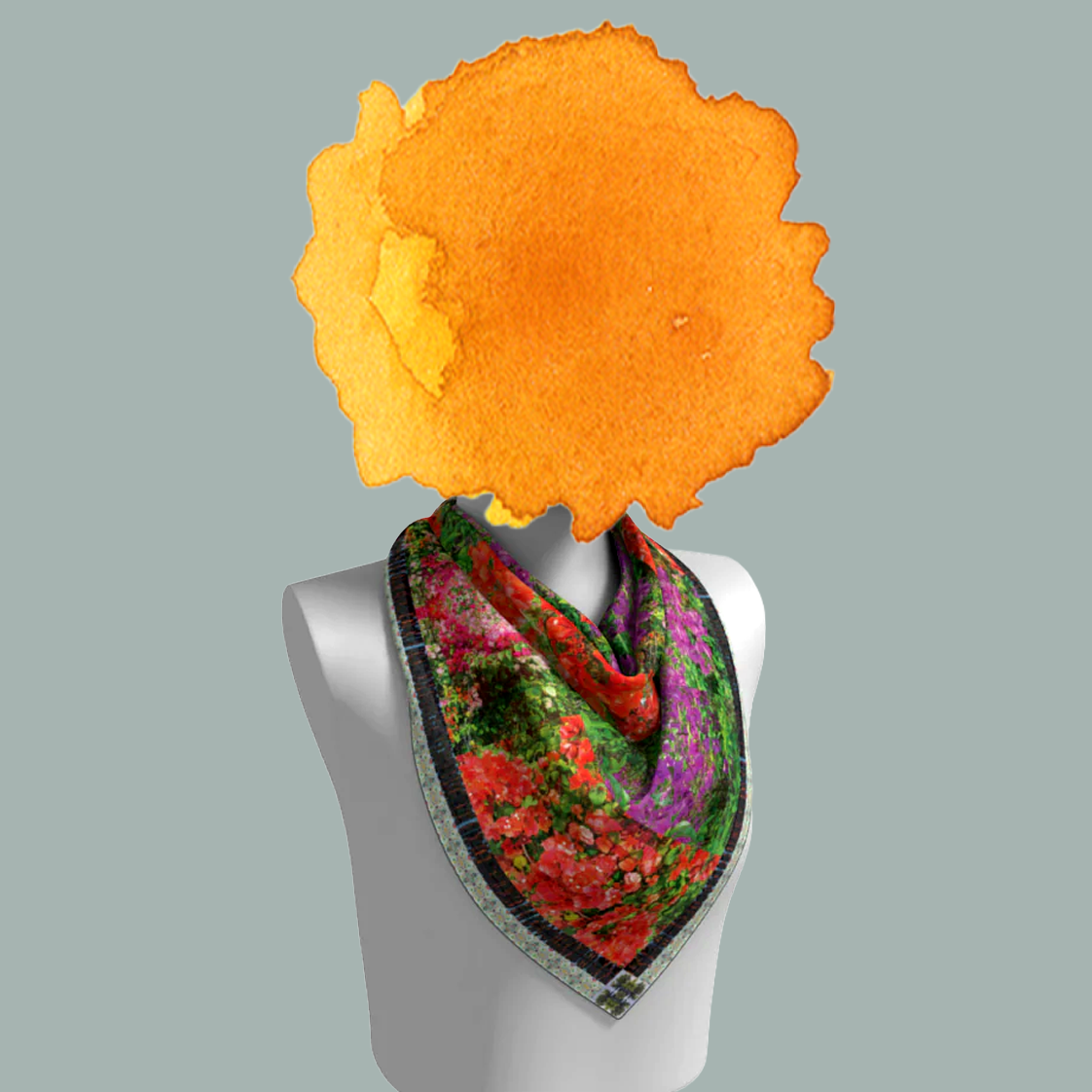 Makena Bloom silk scarf tied on mannequin bust on blue-gray background by Leeloo + Zohan—Square Scarf