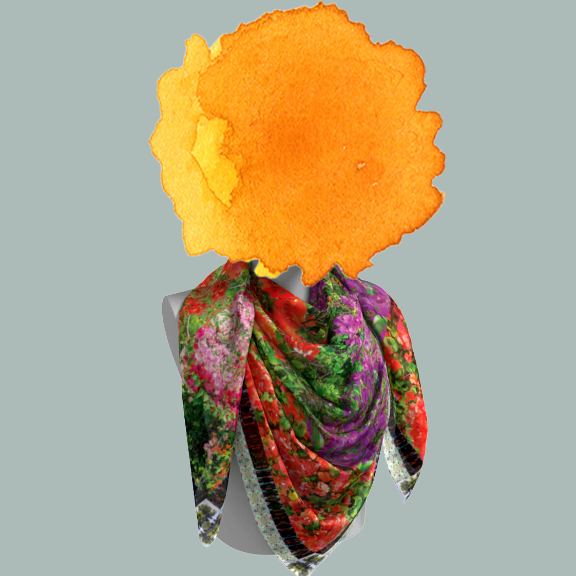 Makena Bloom silk scarf tied on mannequin bust on blue-gray background showing full drape by Leeloo + Zohan