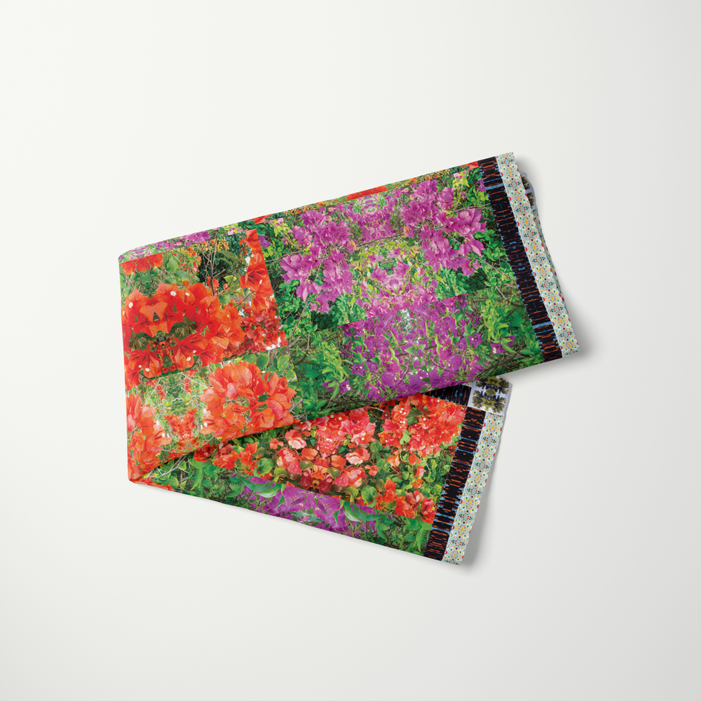 Makena Bloom silk scarf tied as a headwrap—tropical bloom pattern at scale—Square Scarf