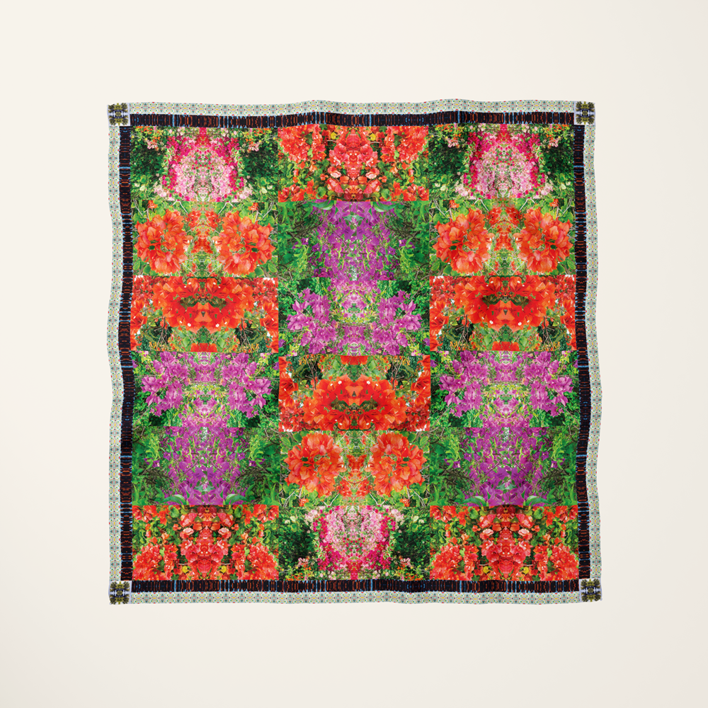 Makena Bloom silk scarf—tropical Maui floral photograph at full bleed, flat-lay product shot—Square Scarf