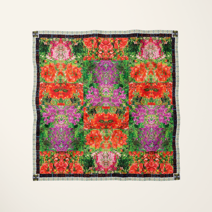Makena Bloom silk scarf—tropical Maui floral photograph at full bleed, flat-lay product shot