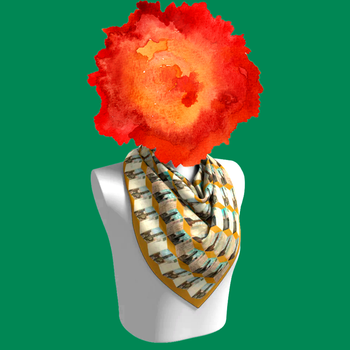 Manhattan Towers 1.0 silk scarf draped on mannequin bust on green background by Leeloo + Zohan