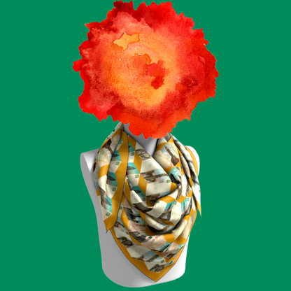 Manhattan Towers 1.0 silk scarf tied on mannequin bust on green background by Leeloo + Zohan