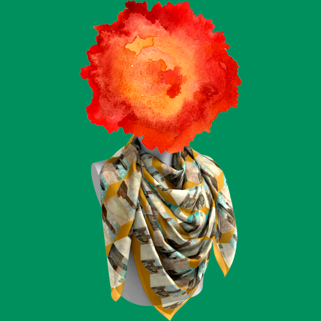 Manhattan Towers 1.0 silk scarf loosely draped on mannequin bust on green background by Leeloo + Zohan
