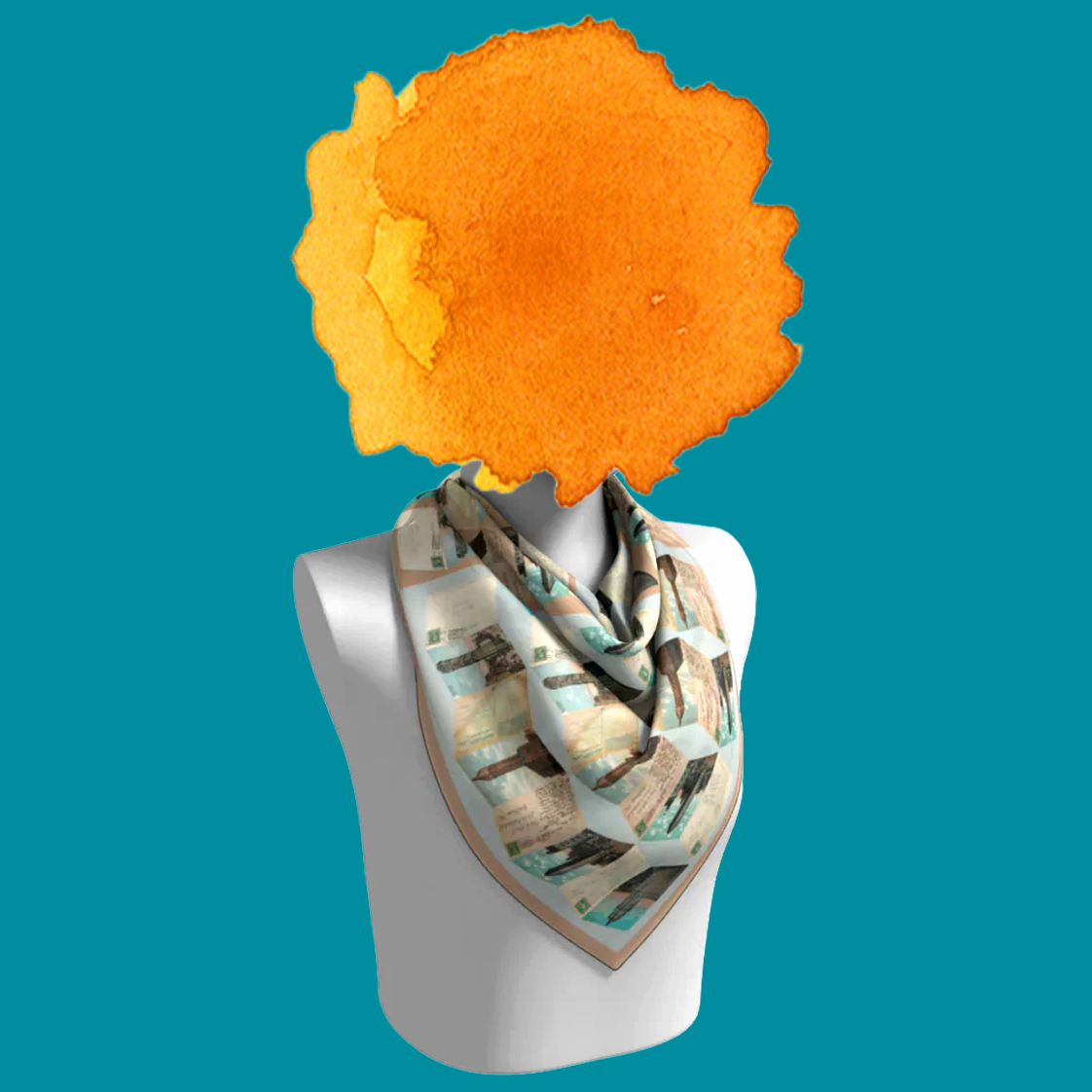Manhattan Towers 2.0 silk scarf draped on mannequin bust on teal background by Leeloo + Zohan—Square Scarf