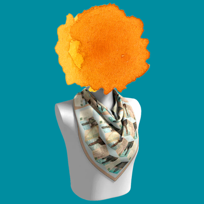 Manhattan Towers 2.0 silk scarf draped on mannequin bust on teal background by Leeloo + Zohan
