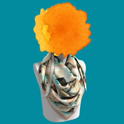 Manhattan Towers 2.0 silk scarf tied on mannequin bust on teal background by Leeloo + Zohan