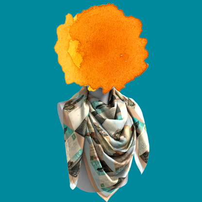 Manhattan Towers 2.0 silk scarf loosely draped on mannequin bust on teal background by Leeloo + Zohan