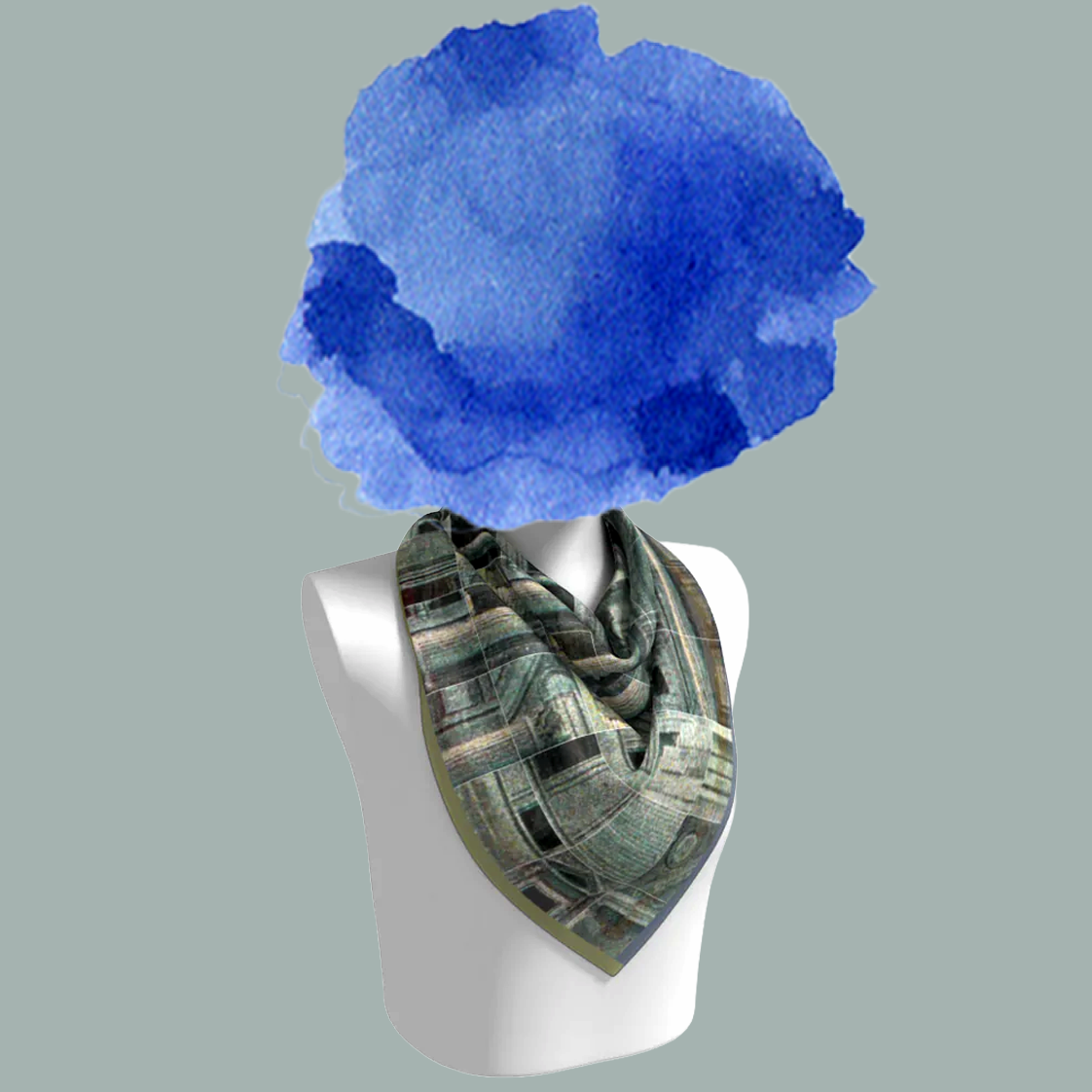 Metropolitan Museum of Art, New York silk scarf draped on mannequin bust on gray background by Leeloo + Zohan