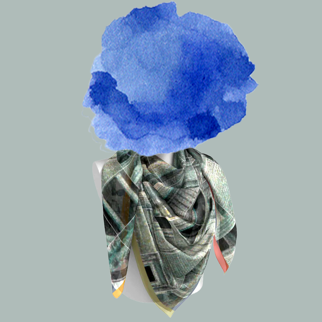 Metropolitan Museum of Art, New York silk scarf loosely draped on mannequin bust on gray background by Leeloo + Zohan