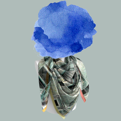 Metropolitan Museum of Art, New York silk scarf loosely draped on mannequin bust on gray background by Leeloo + Zohan