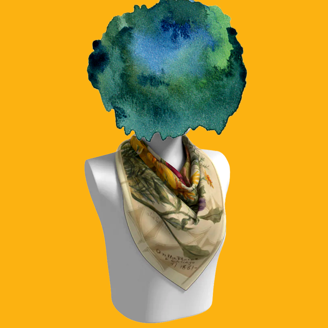 On The Plains & Chicago silk scarf draped on mannequin bust on yellow background by Leeloo + Zohan