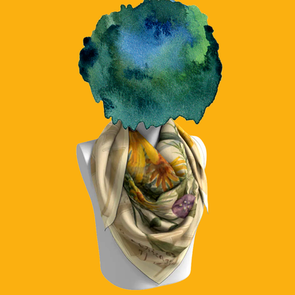 On The Plains & Chicago silk scarf loosely draped on mannequin bust on yellow background by Leeloo + Zohan