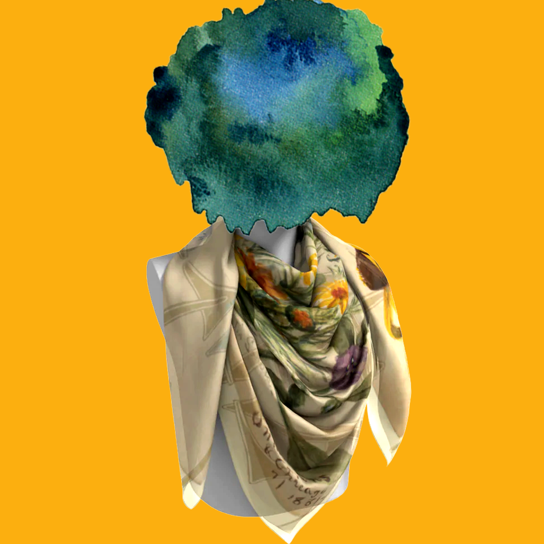 On The Plains & Chicago silk scarf tied on mannequin bust on yellow background by Leeloo + Zohan