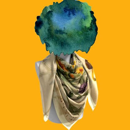 On The Plains & Chicago silk scarf tied on mannequin bust on yellow background by Leeloo + Zohan