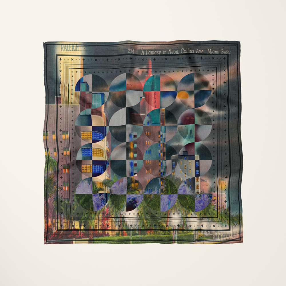 Raleigh Miami silk scarf—Art Deco Miami Beach hotel facade at full bleed, flat-lay—Scarf