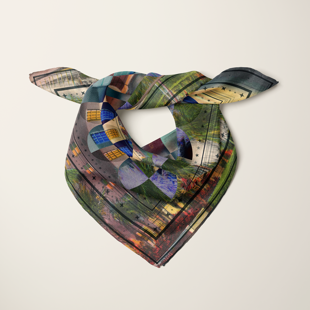 Raleigh Miami silk scarf knotted as a neckerchief — patchwork-quilt pattern in navy and jewel tones.—Square Scarf
