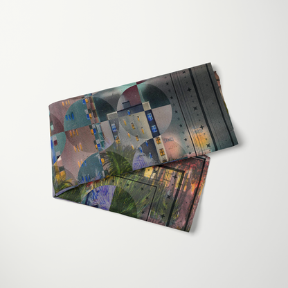 Raleigh Miami silk scarf folded to show the patchwork-quilt print and rolled hem.