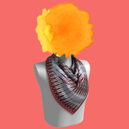Red Hook, Brooklyn silk scarf draped on mannequin bust on coral background by Leeloo + Zohan