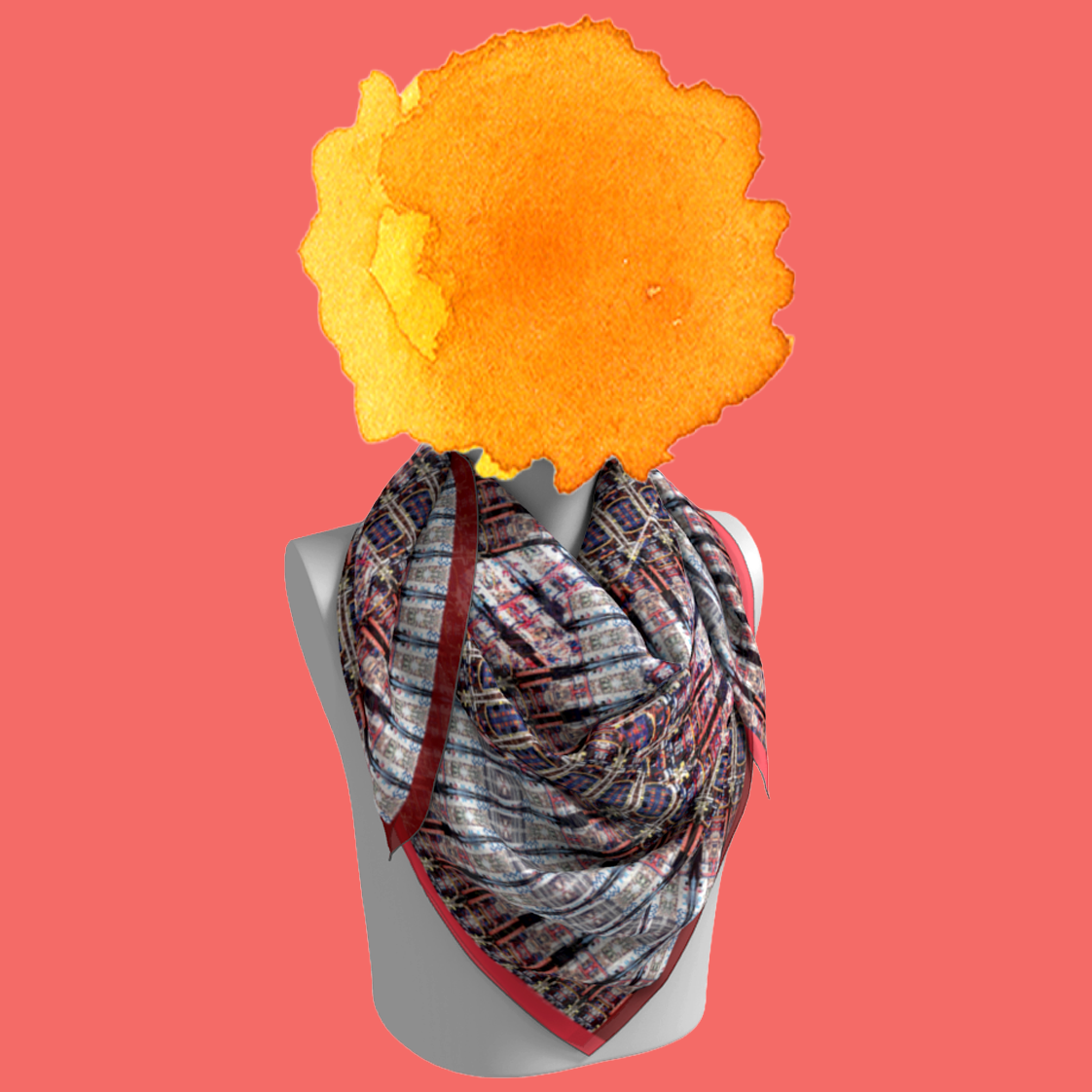 Red Hook, Brooklyn silk scarf tied on mannequin bust on coral background by Leeloo + Zohan