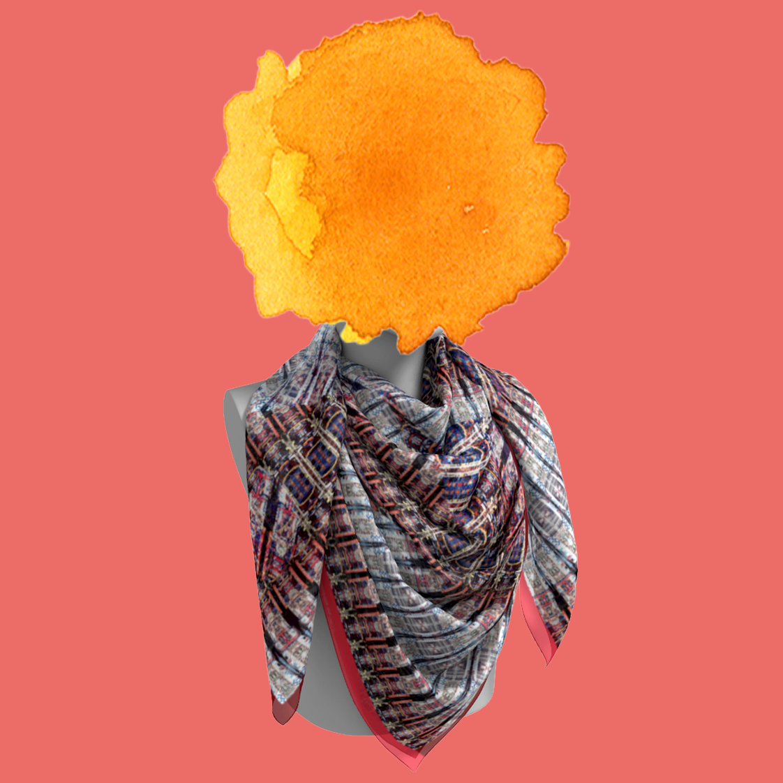 Red Hook, Brooklyn silk scarf loosely draped on mannequin bust on coral background by Leeloo + Zohan