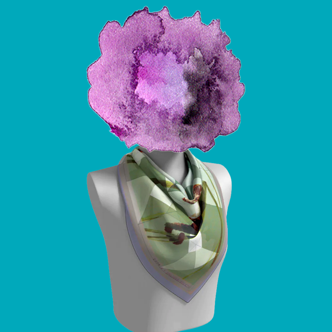 Sea-horse, New York Aquarium silk scarf loosely draped on mannequin bust on teal background by Leeloo + Zohan—Square Scarf