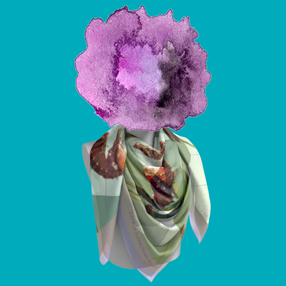 Sea-horse, New York Aquarium silk scarf draped on mannequin bust on teal background by Leeloo + Zohan