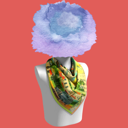 Shelborne Hotel, Miami silk scarf loosely draped on mannequin bust on coral background by Leeloo + Zohan