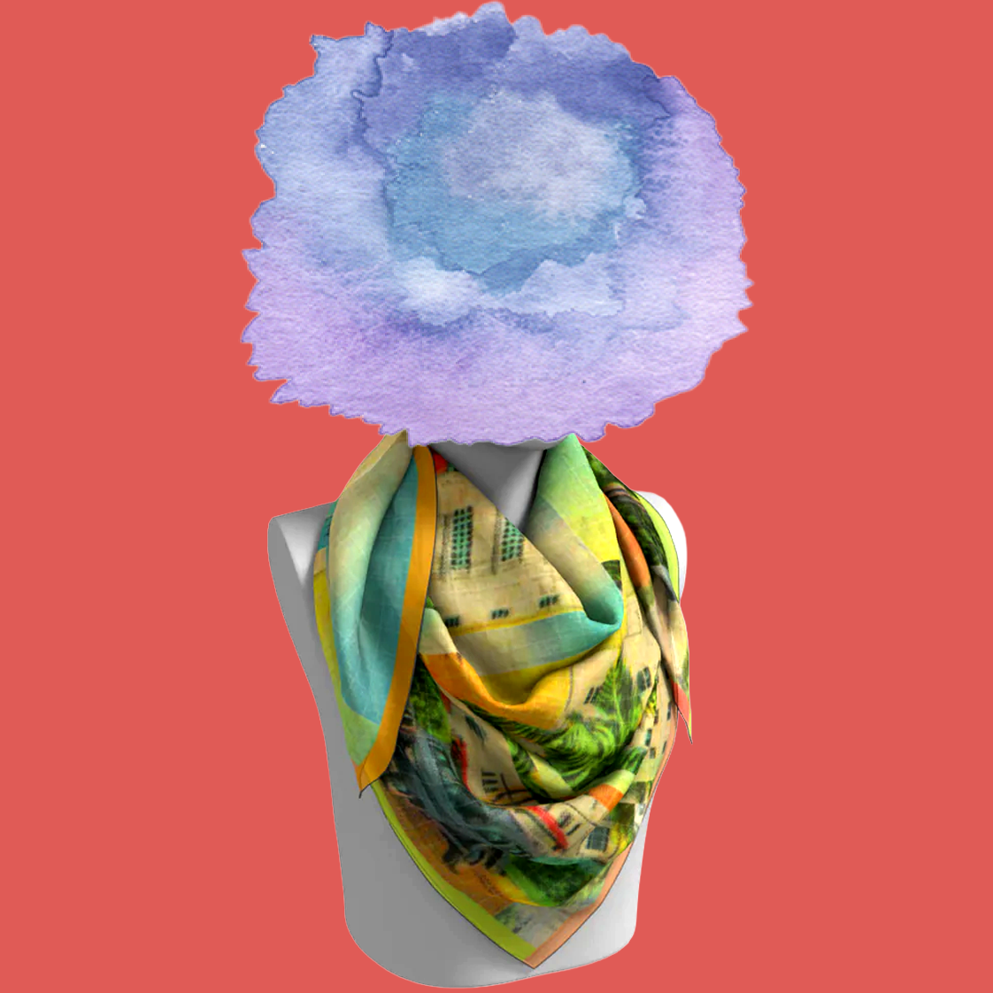 Shelborne Hotel, Miami silk scarf tied on mannequin bust on coral background by Leeloo + Zohan