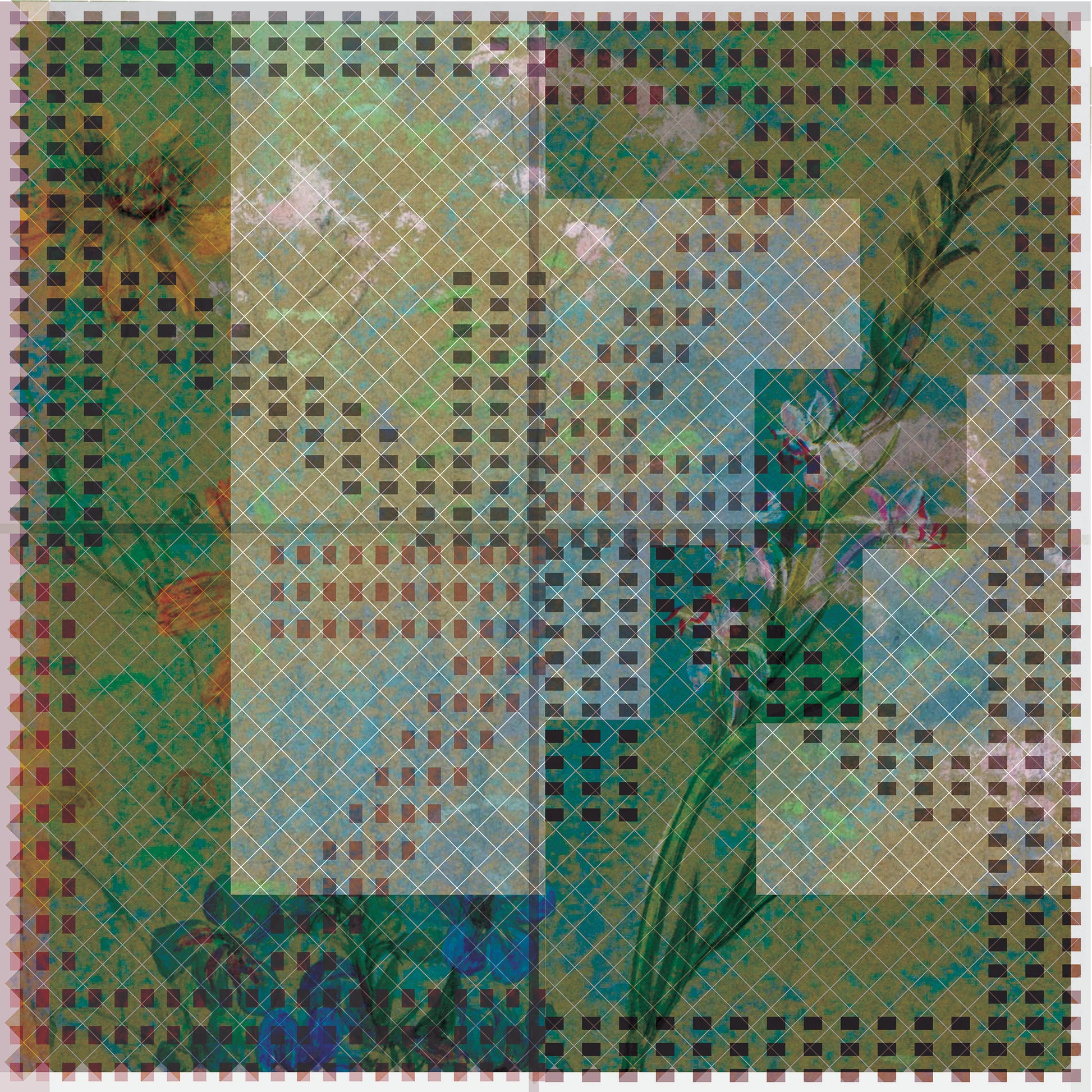 Silk scarf featuring archival floral illustration from Smithsonian American Art Museum and Leeloo + Zohan logo, showcasing a layered grid design.