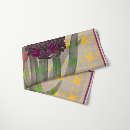 Solfatara + Mimosa silk scarf close-up—pale warm neutral palette on habotai