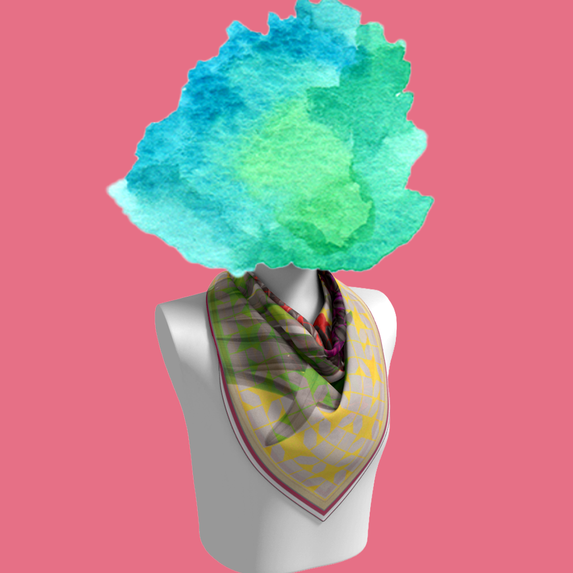 Solfatara + Mimosa silk scarf loosely draped on mannequin bust on pink background by Leeloo + Zohan—Square Scarf