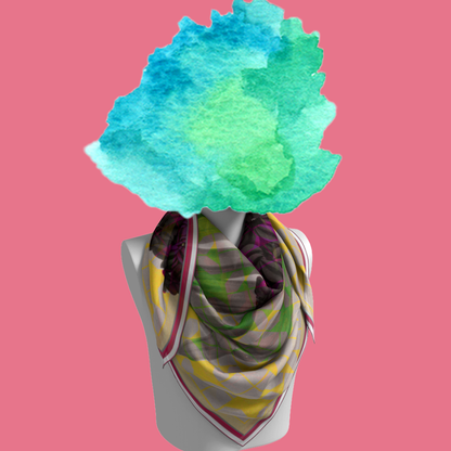 Solfatara + Mimosa silk scarf draped on mannequin bust on pink background by Leeloo + Zohan