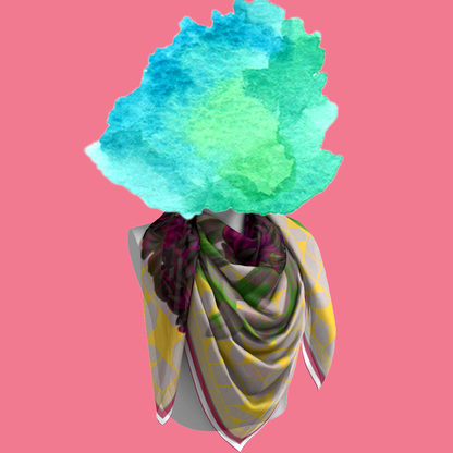 Solfatara + Mimosa silk scarf tied on mannequin bust on pink background by Leeloo + Zohan