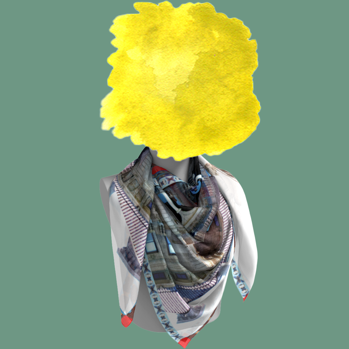 St. Peter's Cottage silk scarf draped on mannequin bust on sage green background by Leeloo + Zohan
