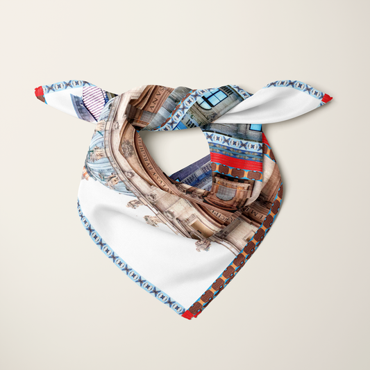 St. Peter's Cottage silk scarf on-body detail—soft-light photography on habotai—Square Scarf