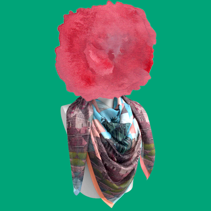Statue of Liberty 1.2 silk scarf cascading on mannequin bust on green background by Leeloo + Zohan