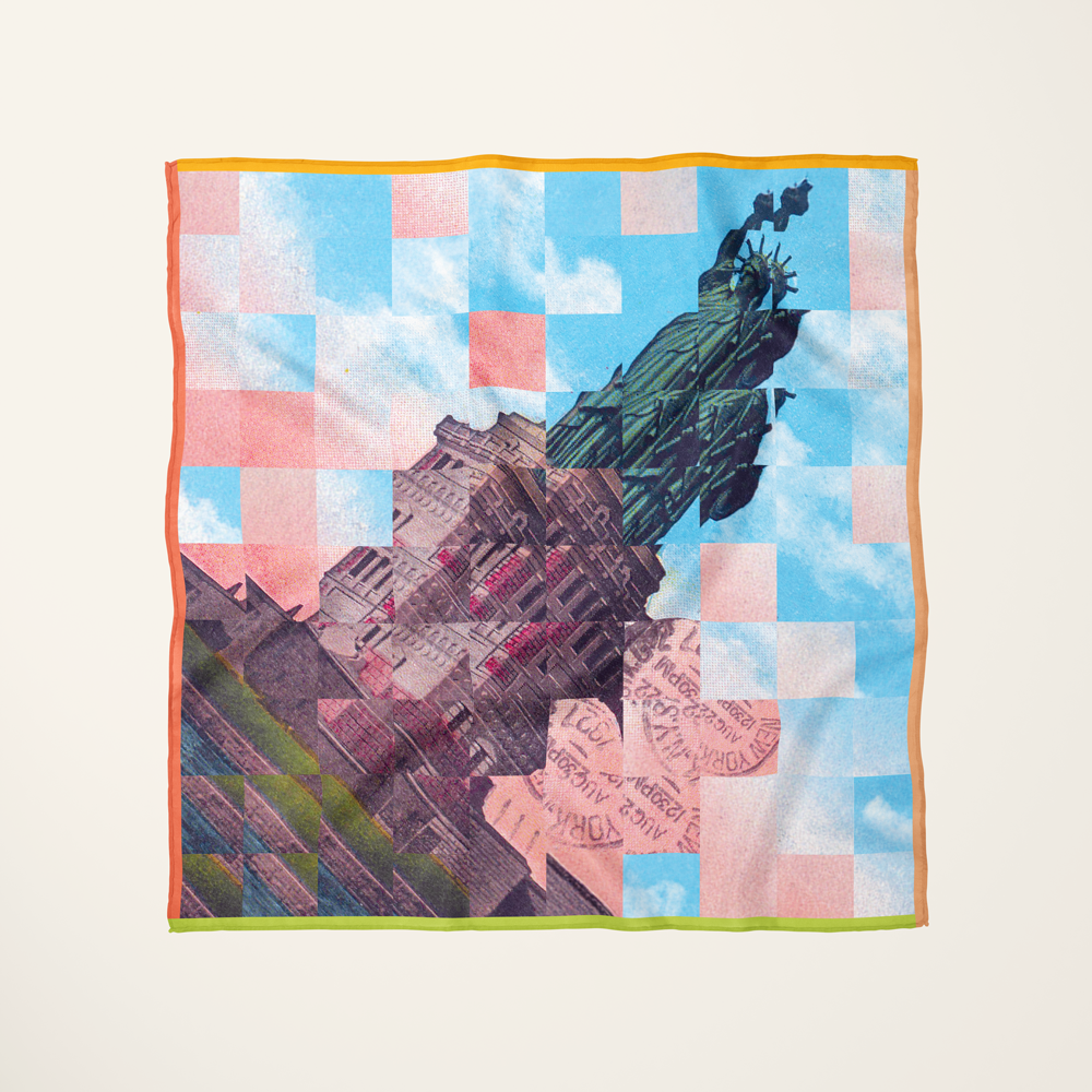 Statue of Liberty 1.111 silk scarf—bold Lady Liberty silhouette in graphic color, flat-lay
